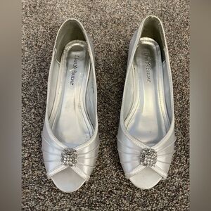 David's Bridal Silver Satin Peep-Toe Heels with Rhinestone Accent